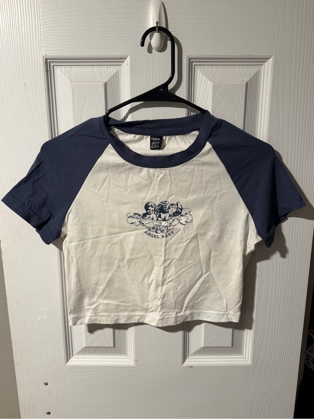 White and Navy Angel Graphic Raglan Tee